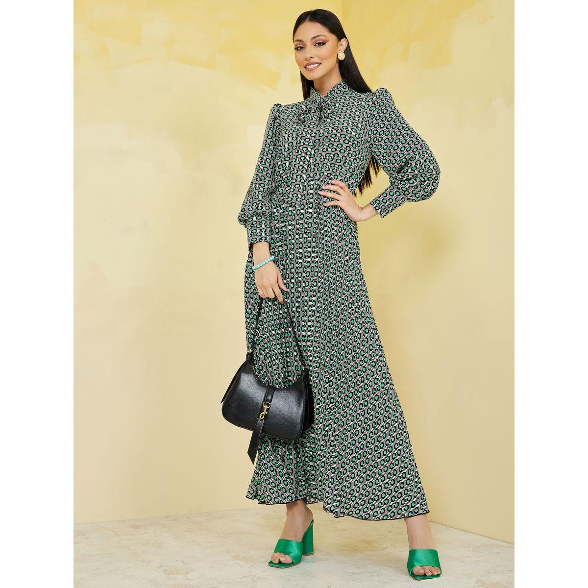Styli Geometric AOP Tie Up Neck A-Line Maxi Dress-women-clothing-dresses-image-1