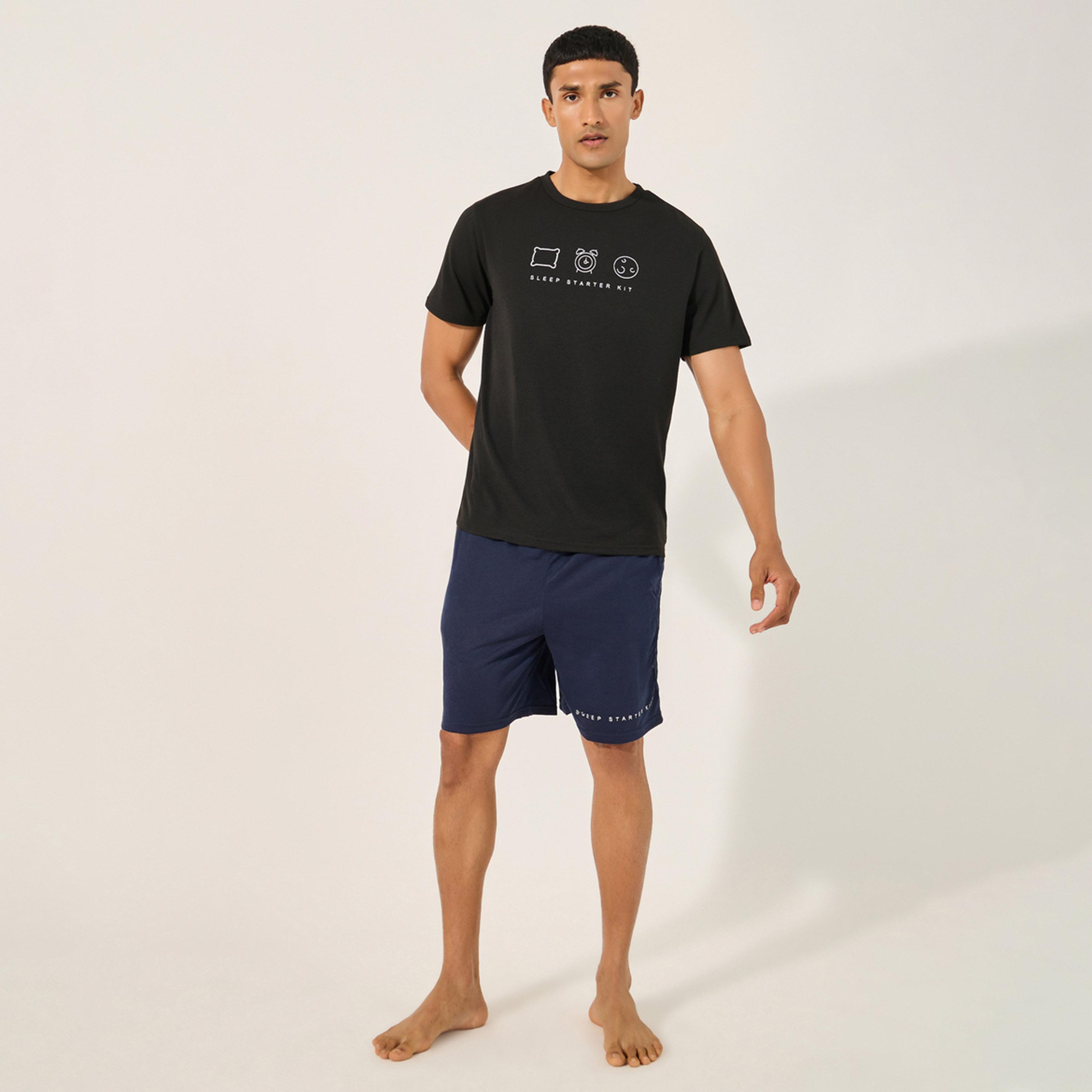 Styli Graphic Print Round Neck T-Shirt and Shorts Pyjama Set-men-clothing-nightwear-sets-image-1