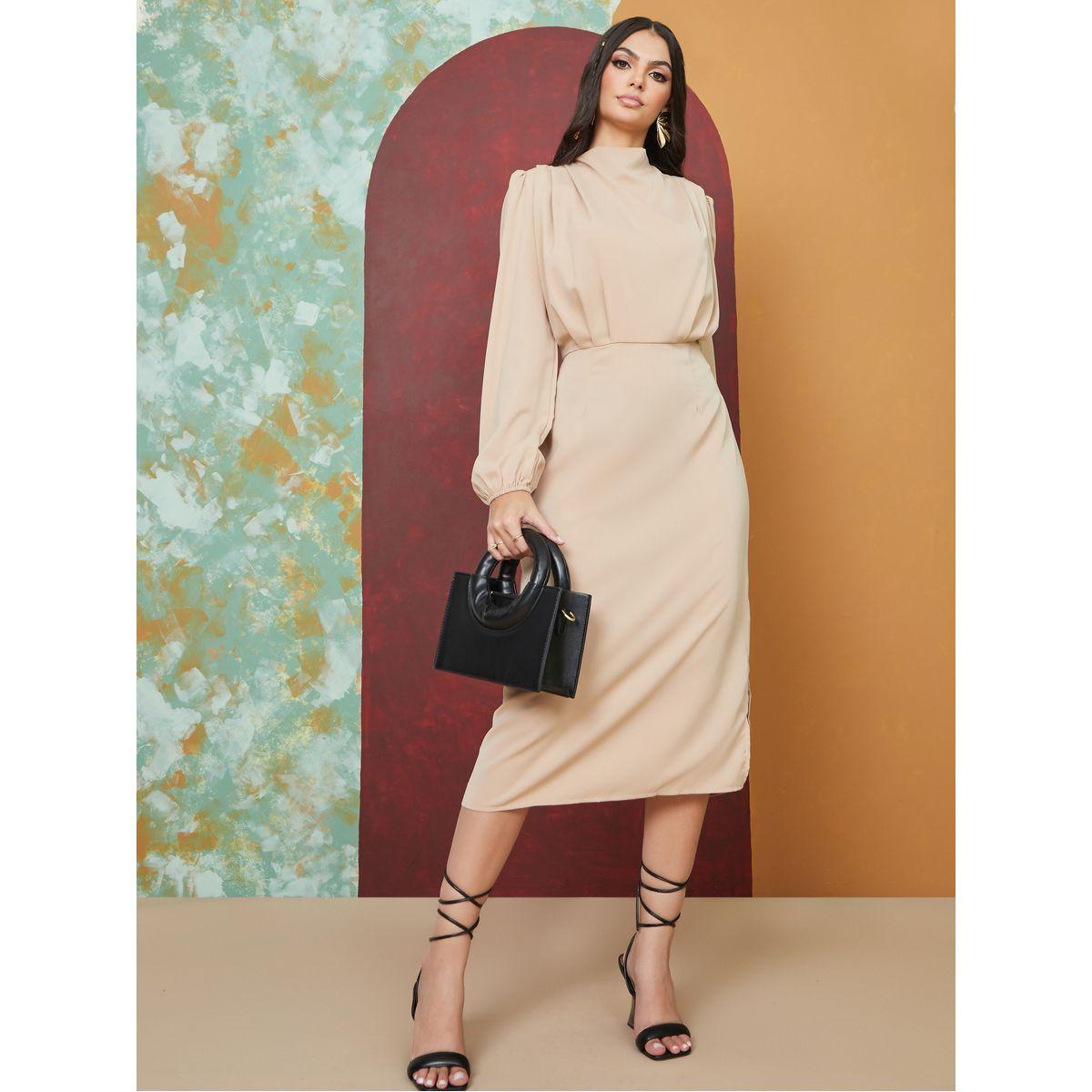 فستان ميدي بياقة عالية وشق جانبي-women-clothing-dresses-image-1