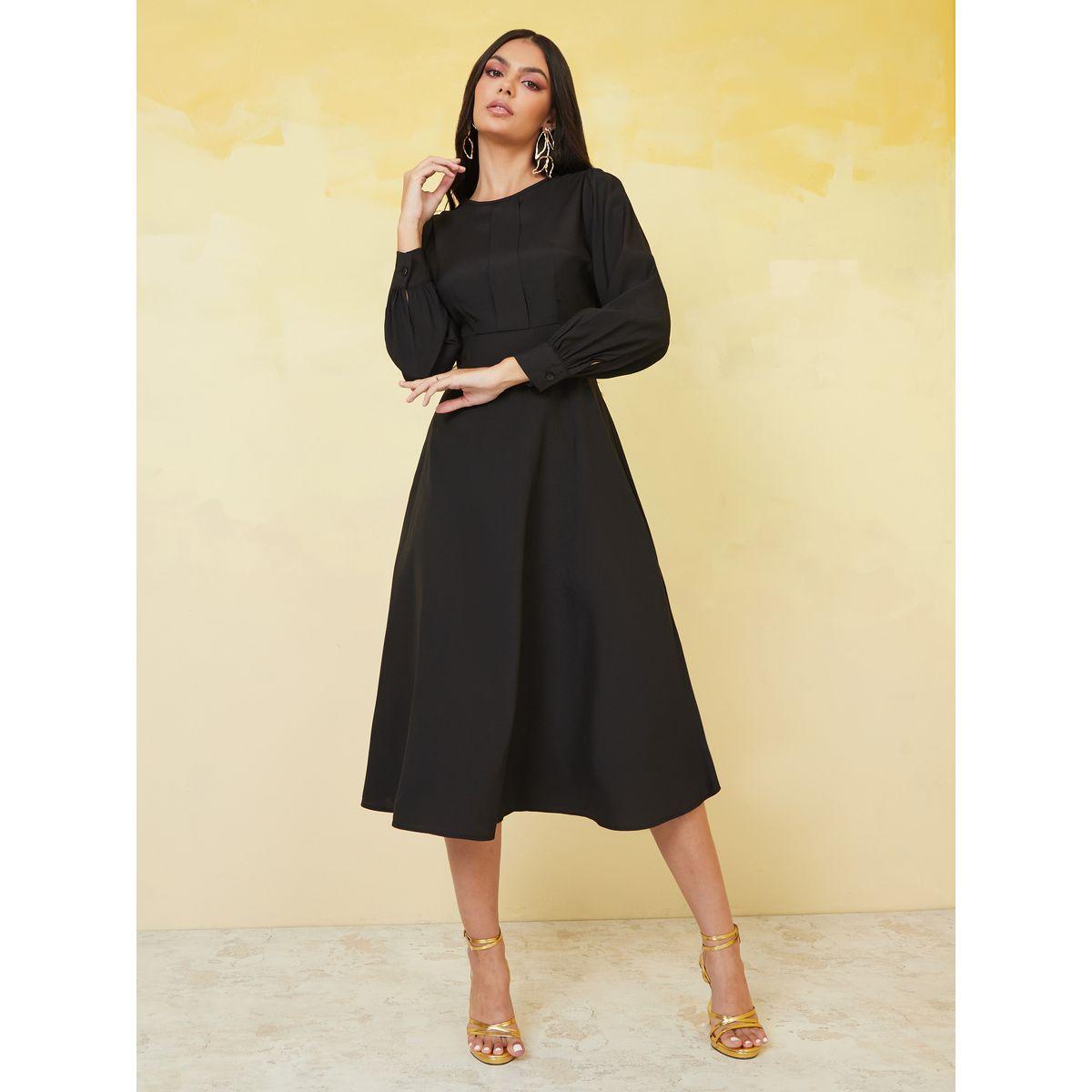 Styli Round Neck Solid A-Line Midi Dress-women-clothing-dresses-image-1