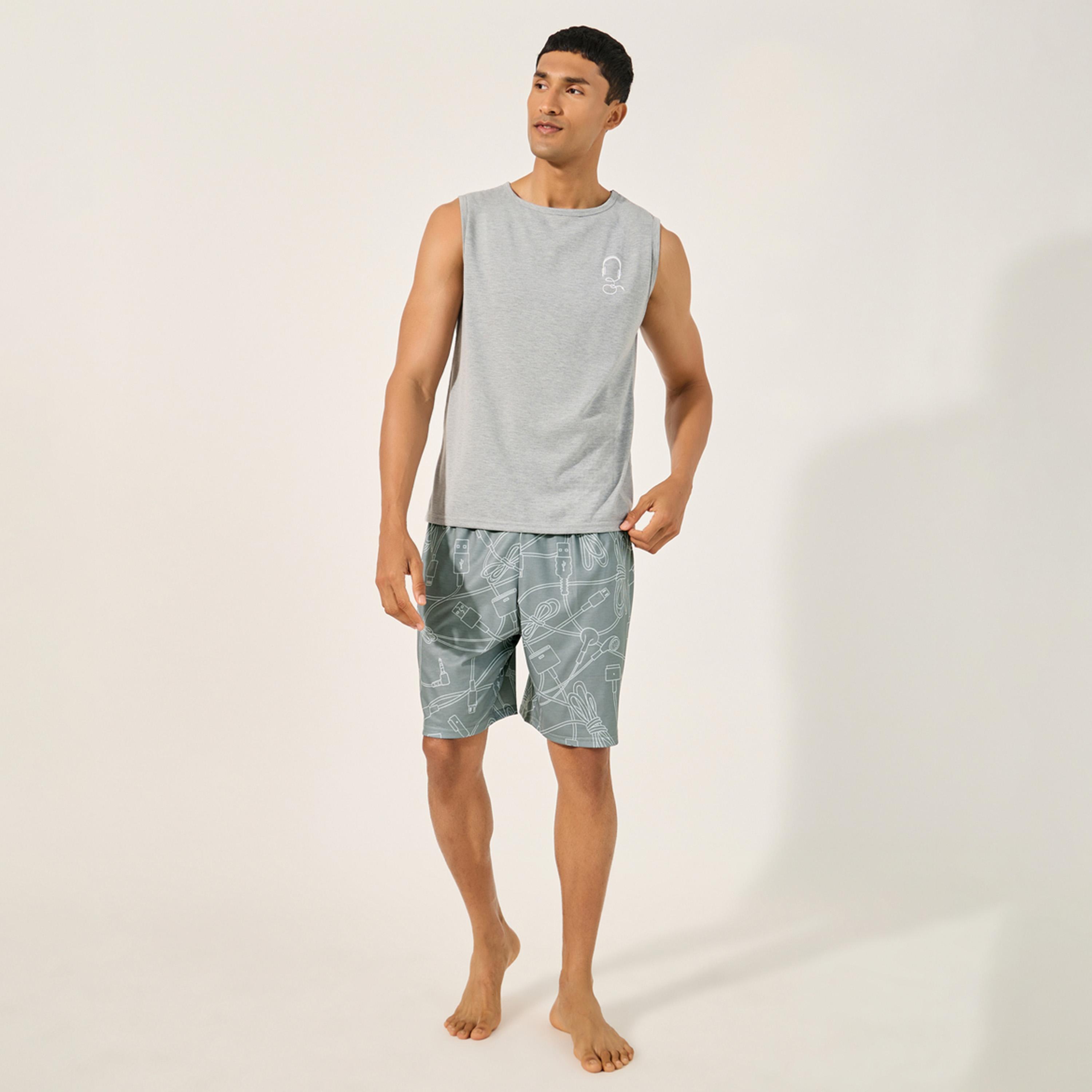 Styli Printed Round Neck Tank and Shorts Pyjama Set-men-clothing-nightwear-sets-image-1