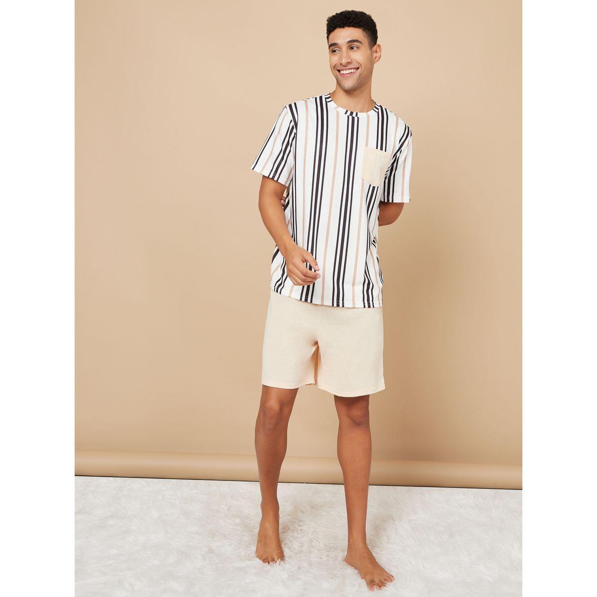 Styli Unwind Striped Pocket Detail T-shirt and Solid Shorts Set-men-clothing-nightwear-sets-image-2