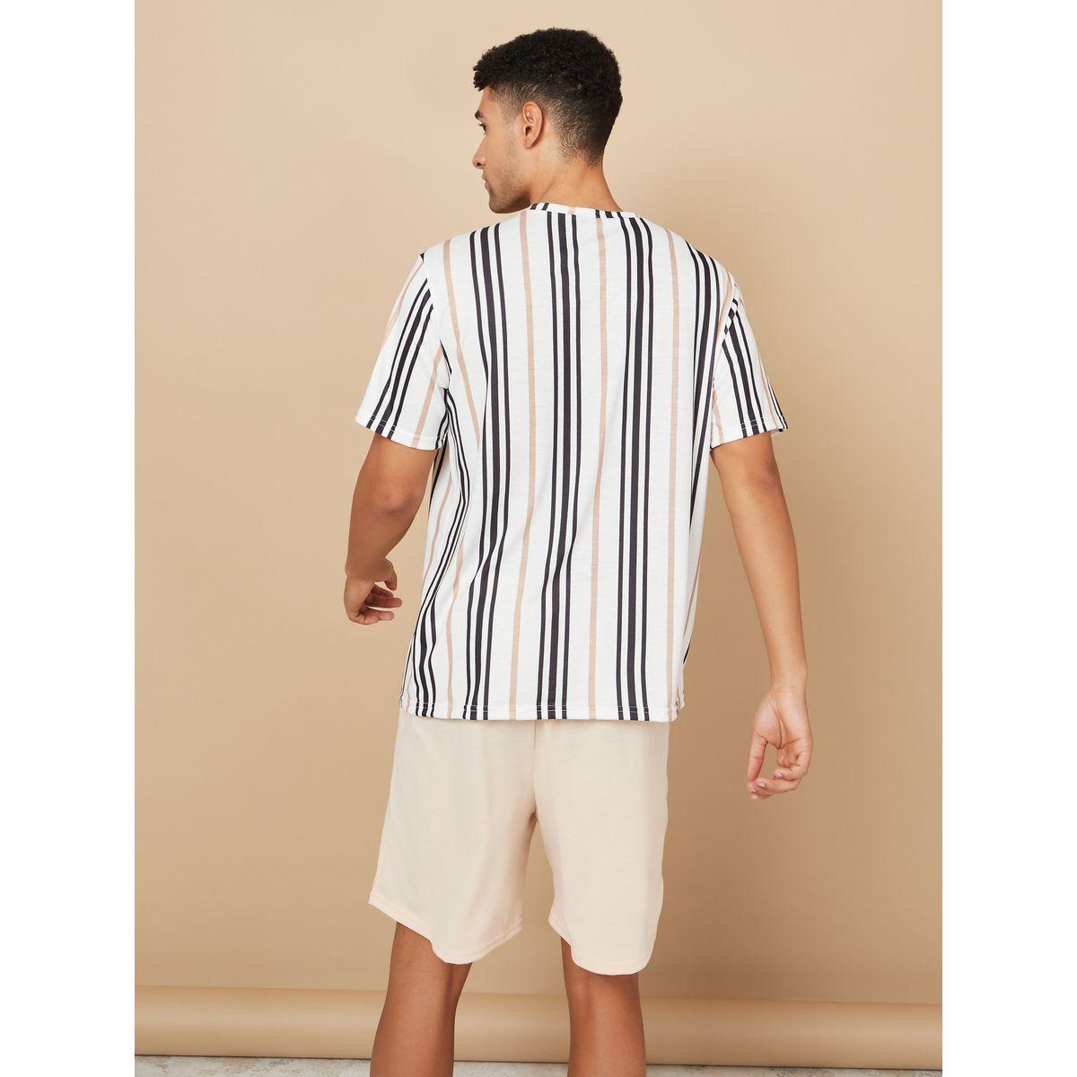 Styli Unwind Striped Pocket Detail T-shirt and Solid Shorts Set-men-clothing-nightwear-sets-image-6