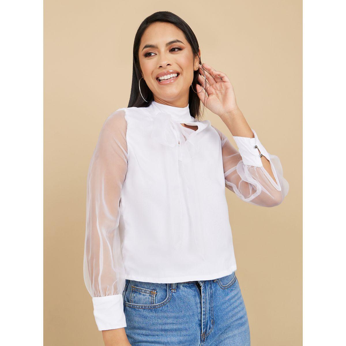 Styli Organza Long Sleeves High Neck Tie Up Neck Blouse -women-clothing-shirtsandblouses-blouses-image-1
