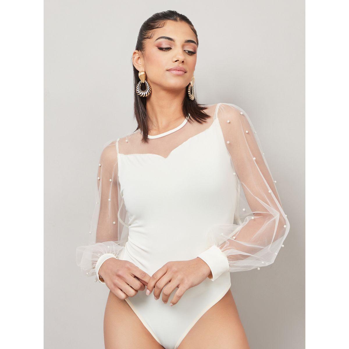 Styli Pearl Embellished Mesh Insert Fitted Bodysuit-women-clothing-tshirts-image-3