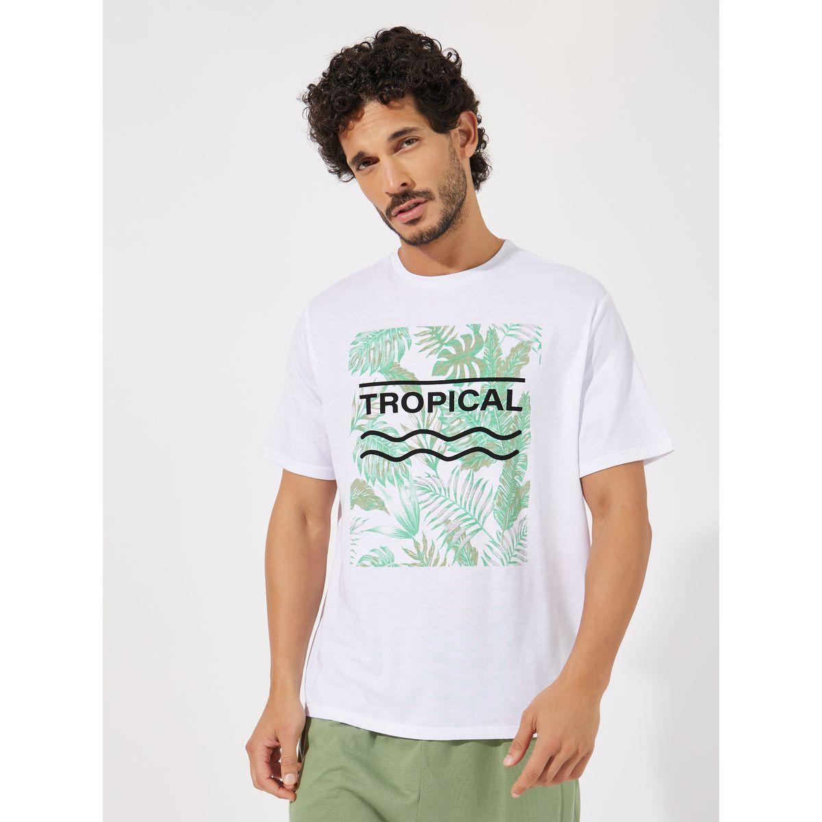 Styli Unwind Tropical Print Round Neck T-Shirt & Solid Shorts Set-men-clothing-nightwear-sets-image-2