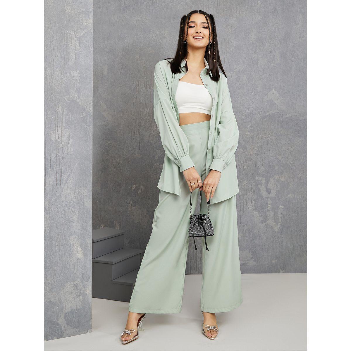 Styli Solid Longline Shirt & Wide Leg Pants Co-Ord Set-women-clothing-coordsets-image-1