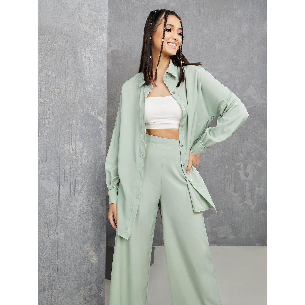 Styli Solid Longline Shirt & Wide Leg Pants Co-Ord Set-women-clothing-coordsets-image-2