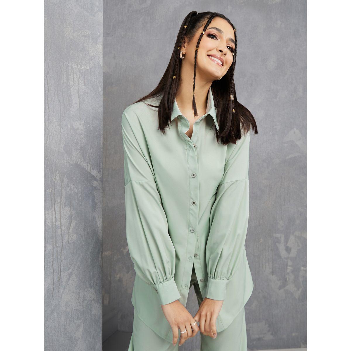 Styli Solid Longline Shirt & Wide Leg Pants Co-Ord Set-women-clothing-coordsets-image-3