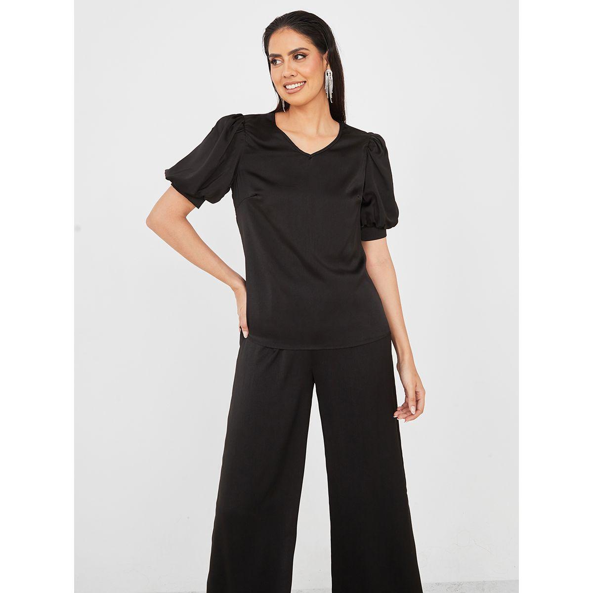Styli Satin Puff Sleeve Blouse & Trouser Co-Ord Set-women-clothing-coordsets-image-2