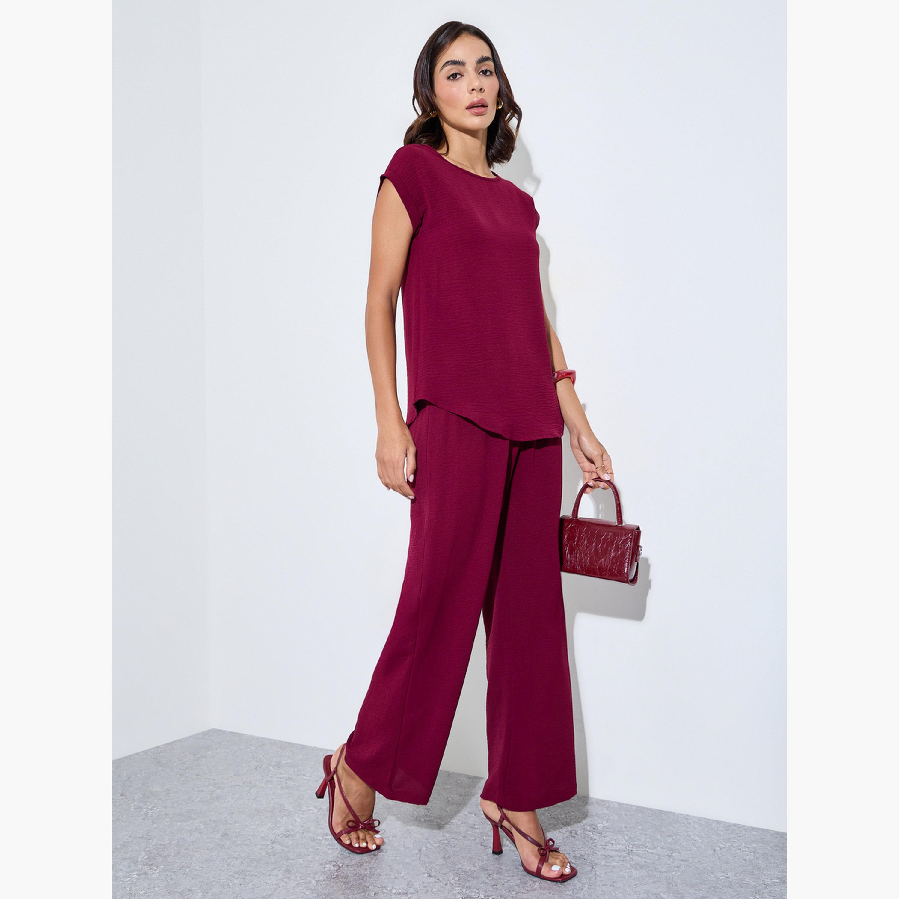 Amirah X Styli Burgundy Cap Sleeves Longline Top and Pants Under Abaya Set-women-clothing-coordsets-image-1