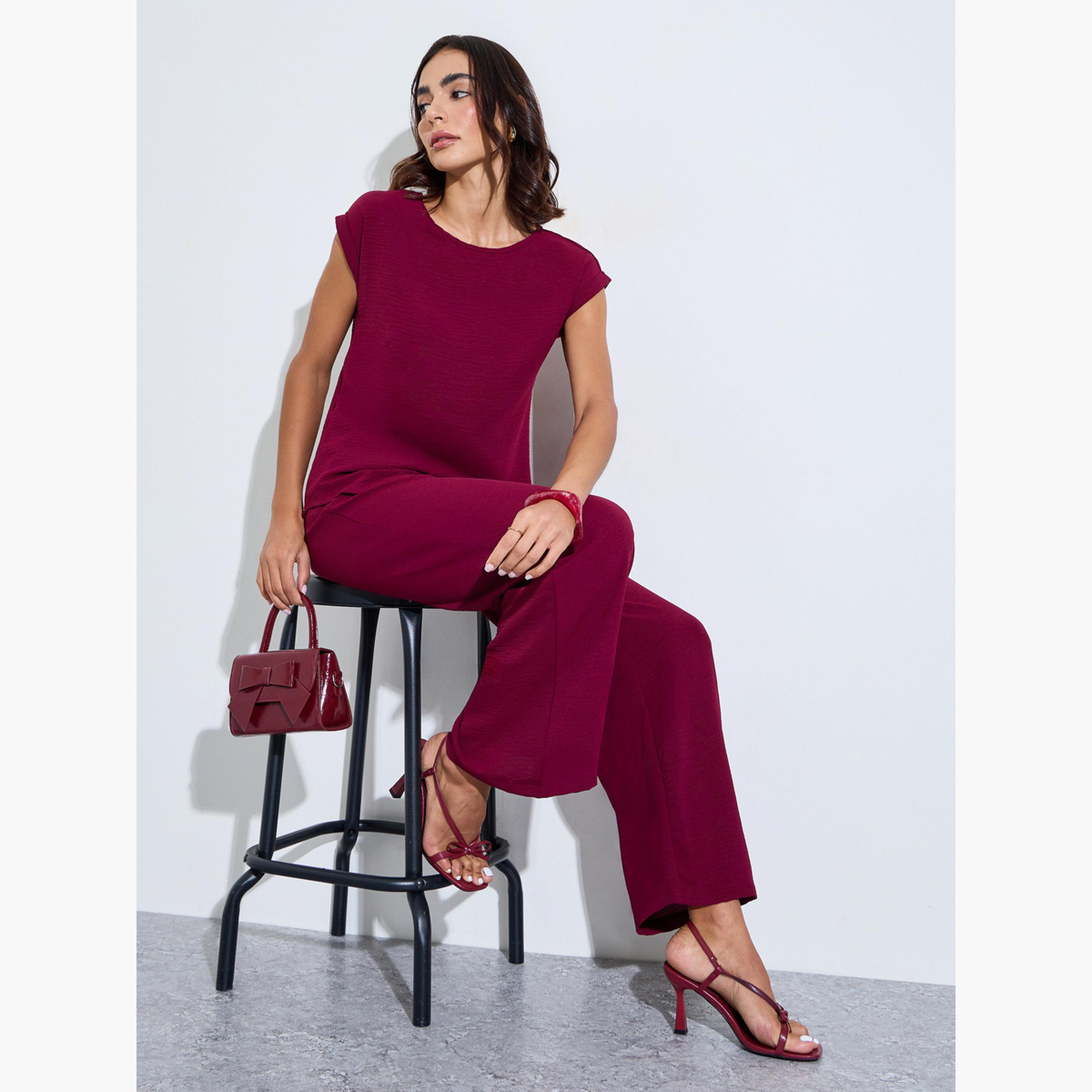 Amirah X Styli Burgundy Cap Sleeves Longline Top and Pants Under Abaya Set-women-clothing-coordsets-image-2