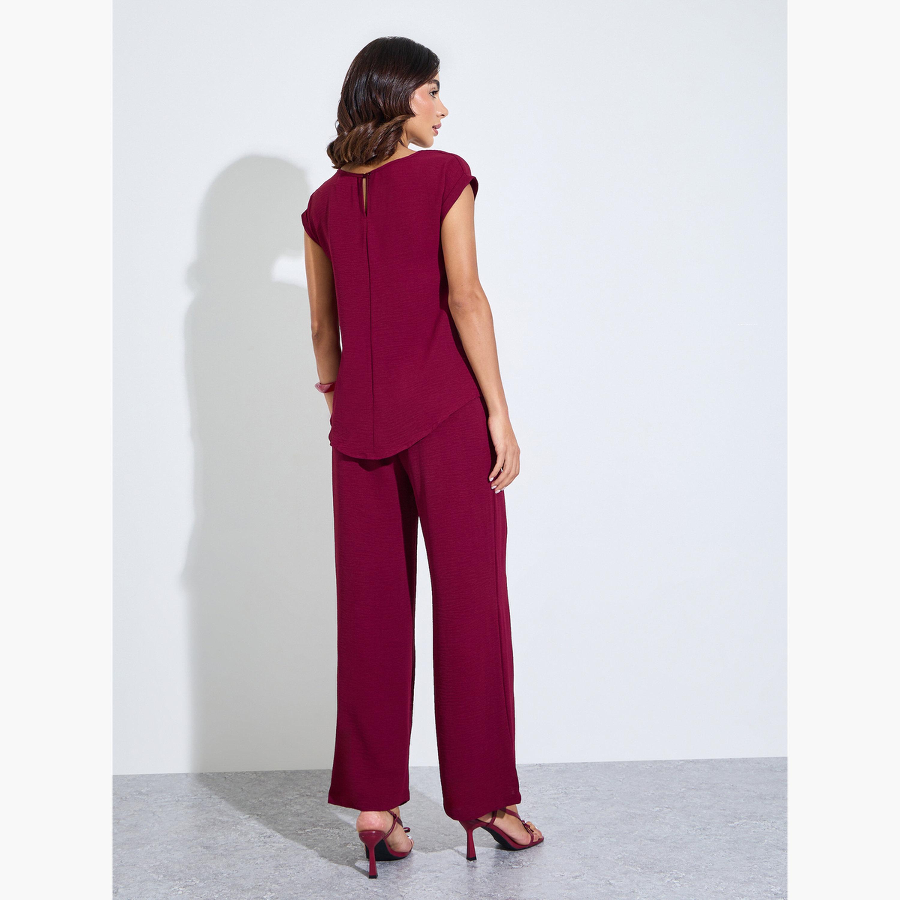 Amirah X Styli Burgundy Cap Sleeves Longline Top and Pants Under Abaya Set-women-clothing-coordsets-image-4