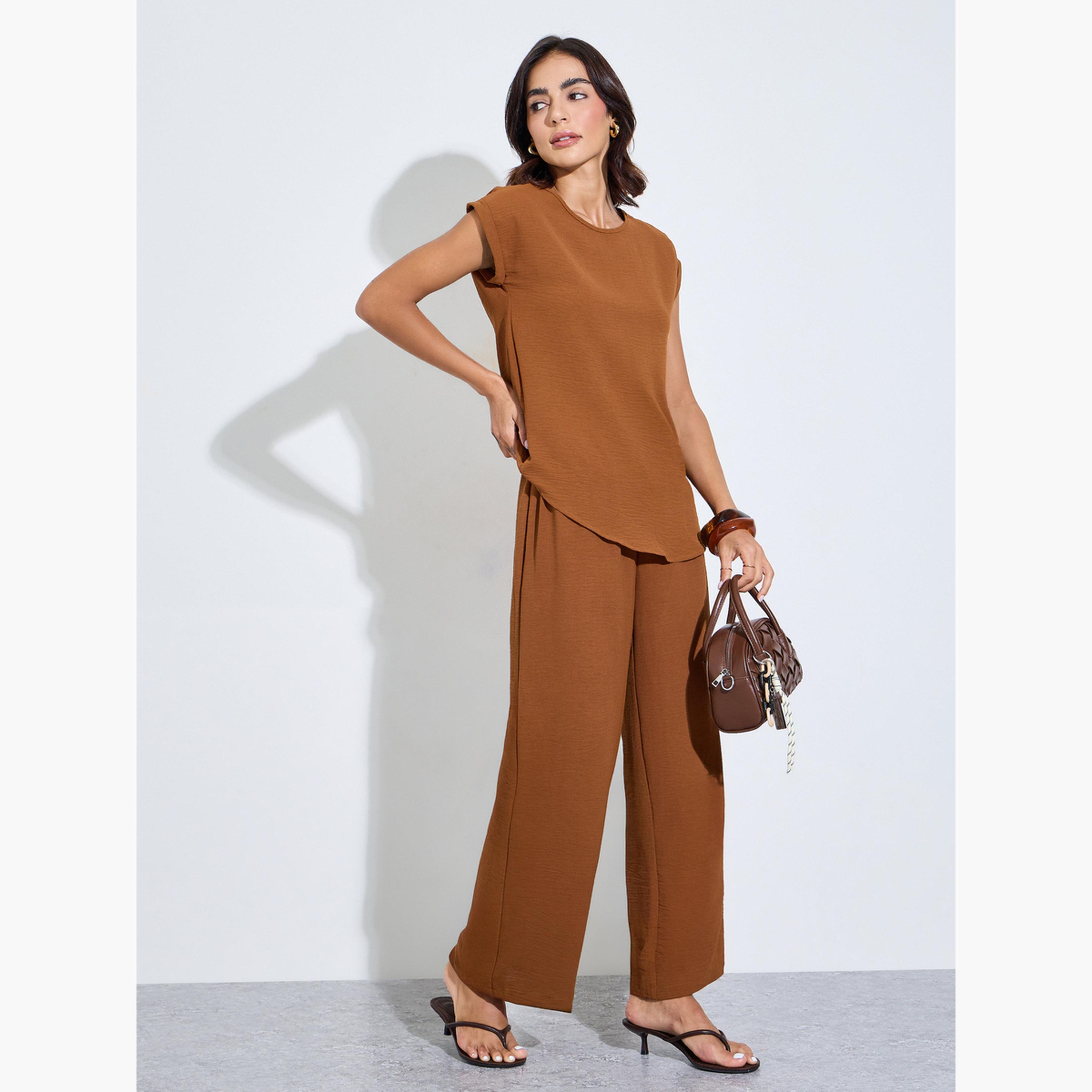 Amirah X Styli Brown Cap Sleeves Longline Top and Pants Under Abaya Set-women-clothing-coordsets-image-1