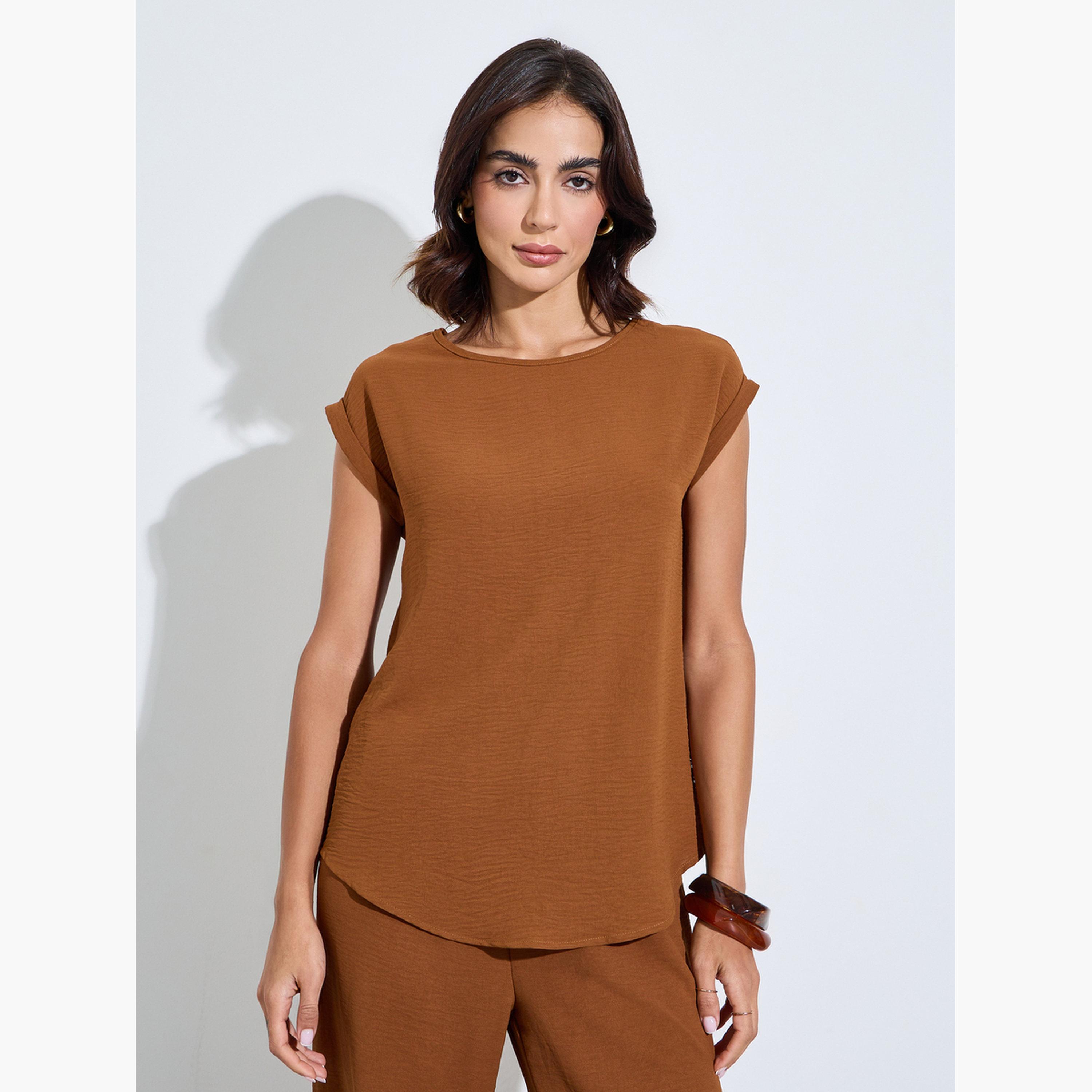 Amirah X Styli Brown Cap Sleeves Longline Top and Pants Under Abaya Set-women-clothing-coordsets-image-2