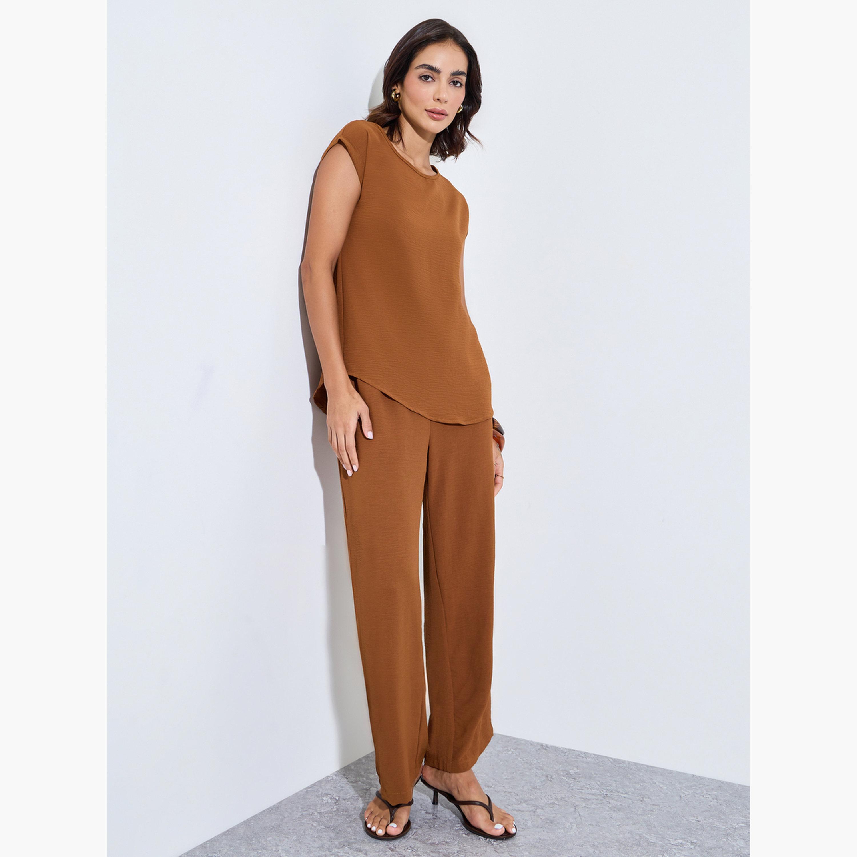 Amirah X Styli Brown Cap Sleeves Longline Top and Pants Under Abaya Set-women-clothing-coordsets-image-3