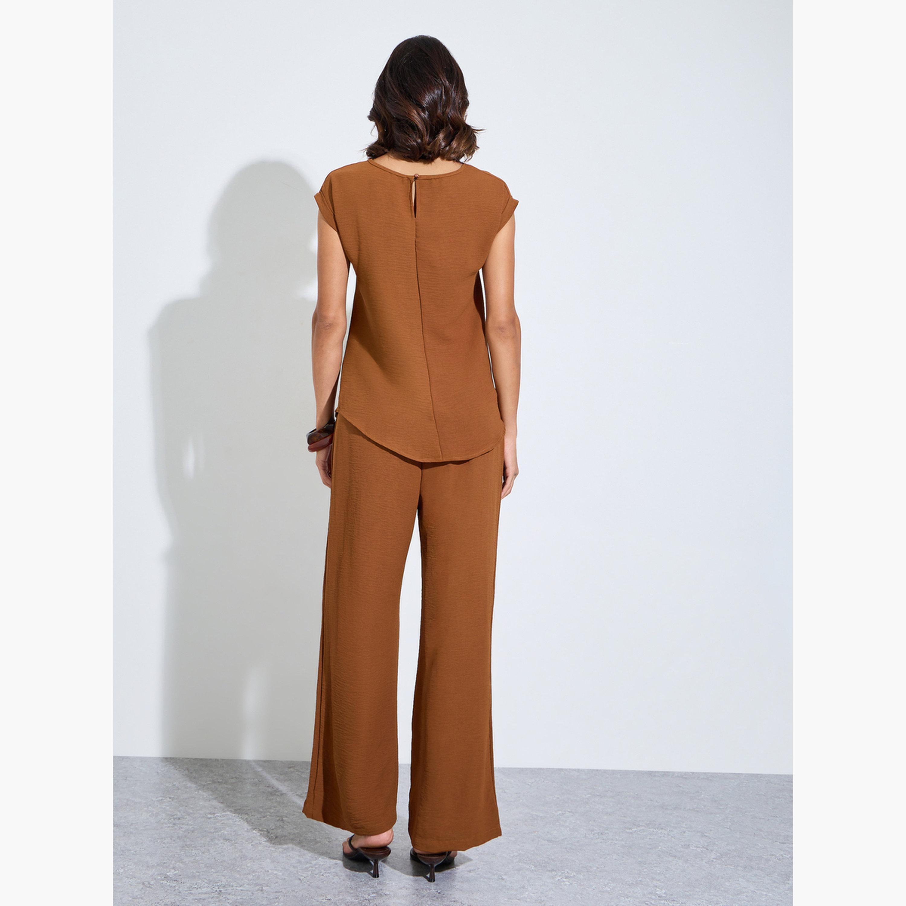 Amirah X Styli Brown Cap Sleeves Longline Top and Pants Under Abaya Set-women-clothing-coordsets-image-4