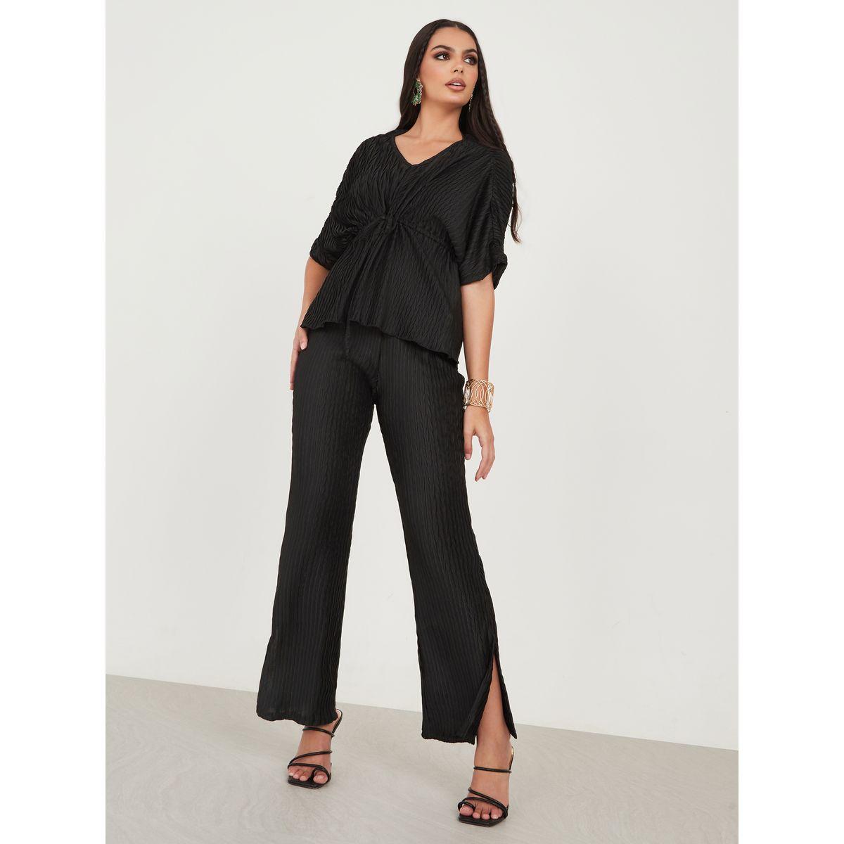 Styli Limited Textured Fit and Flare Pant with Side Slit-women-clothing-bottoms-trousers-image-1