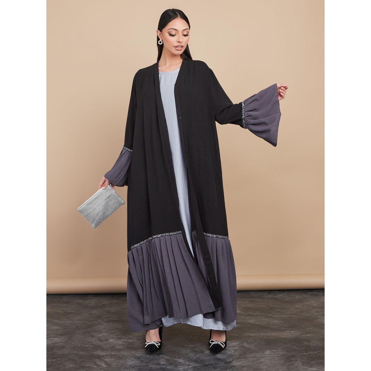 Styli Pleated Bottom Colorblock Abaya with Matching Sheila-women-arabicclothing-abayas-image-1