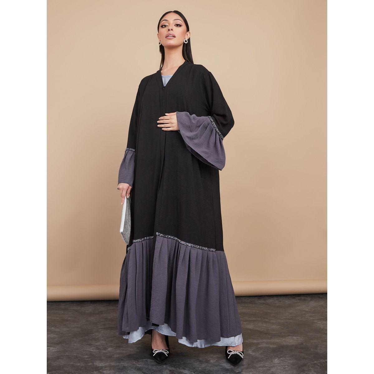 Styli Pleated Bottom Colorblock Abaya with Matching Sheila-women-arabicclothing-abayas-image-3