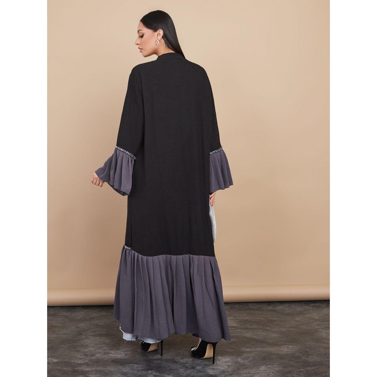 Styli Pleated Bottom Colorblock Abaya with Matching Sheila-women-arabicclothing-abayas-image-7
