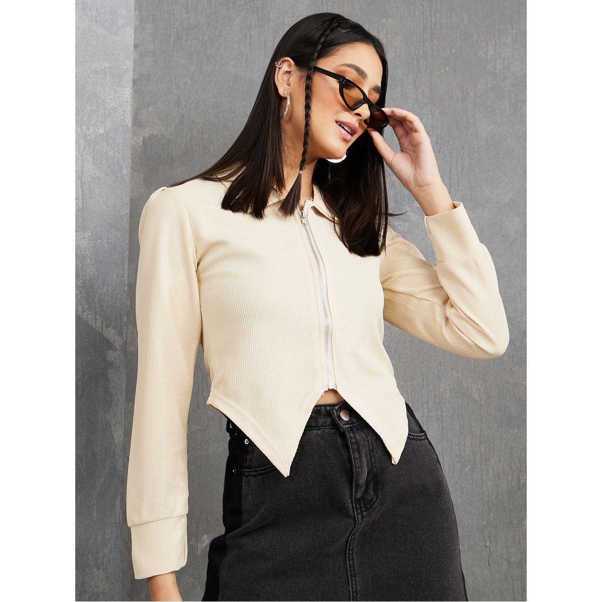 Styli Asymmetric Hem Polo Neck Full Zip Closure Top -women-clothing-tshirts-image-1