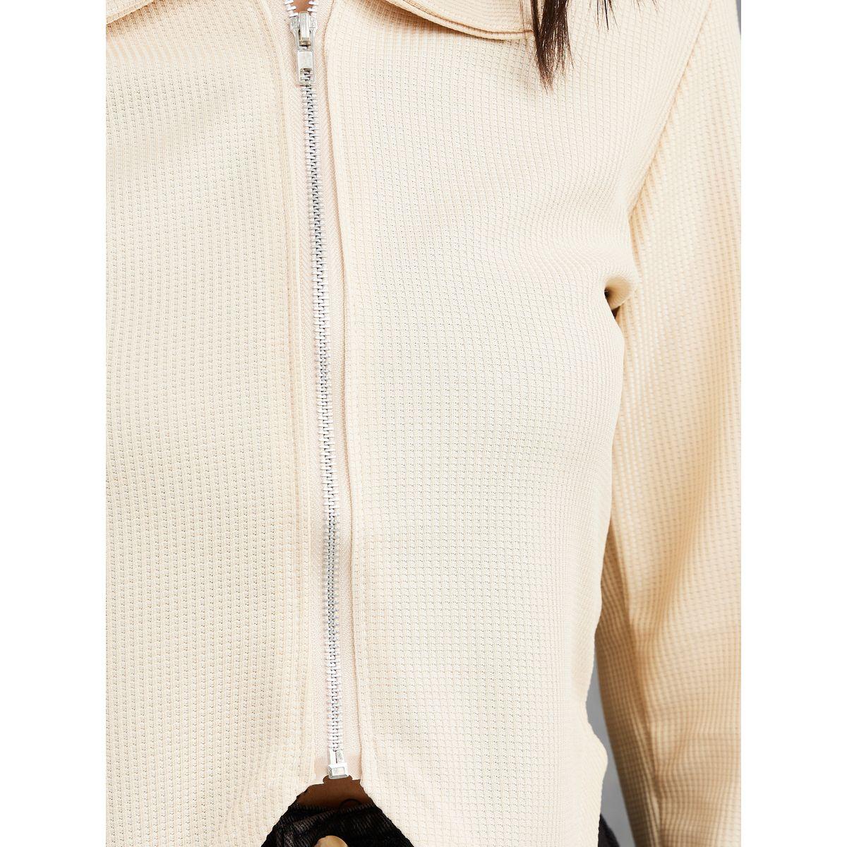 Styli Asymmetric Hem Polo Neck Full Zip Closure Top -women-clothing-tshirts-image-4