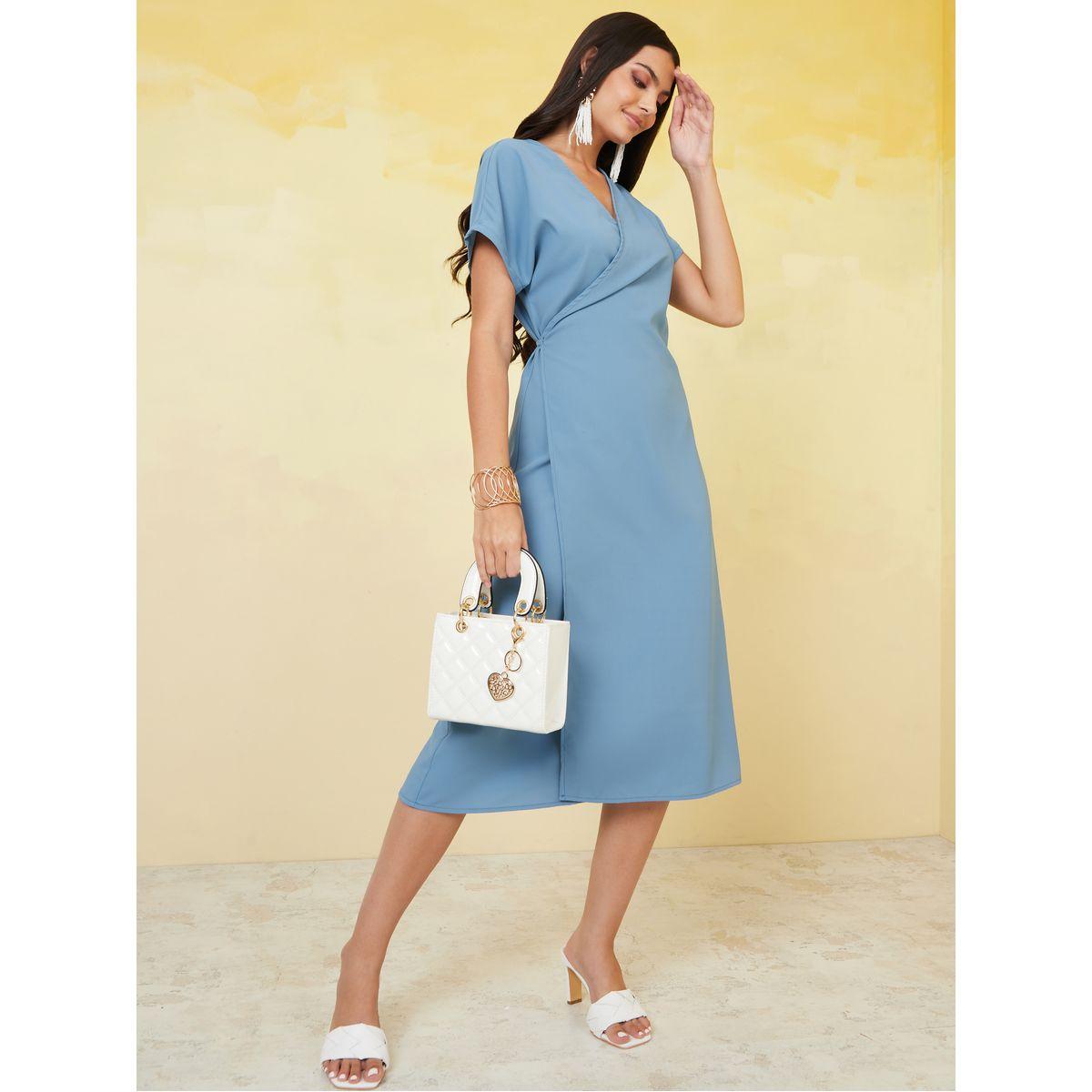 Styli Solid Woven Wrap Midi Dress-women-clothing-dresses-image-1