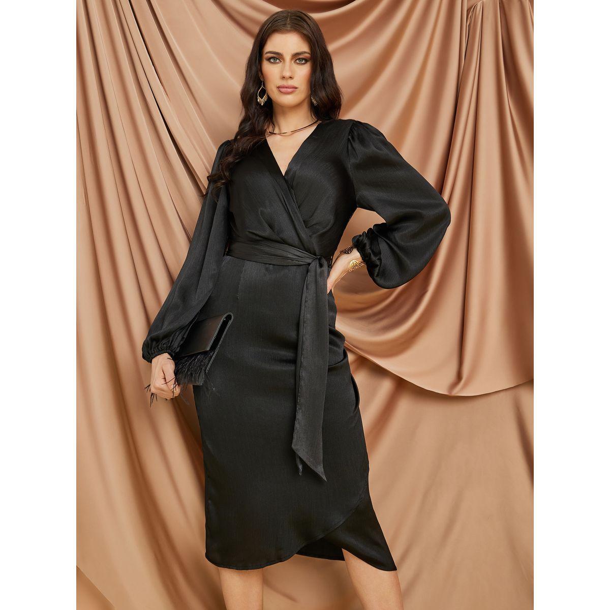 Styli Volume Sleeve Satin Wrap Midi Dress-women-clothing-dresses-image-1
