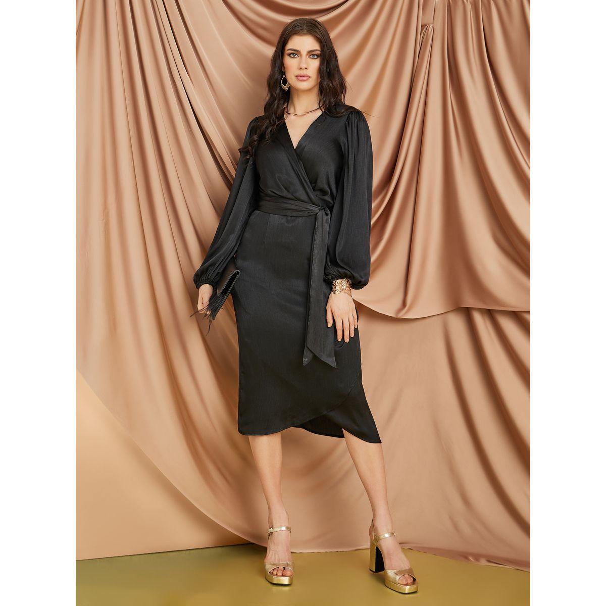 Styli Volume Sleeve Satin Wrap Midi Dress-women-clothing-dresses-image-2