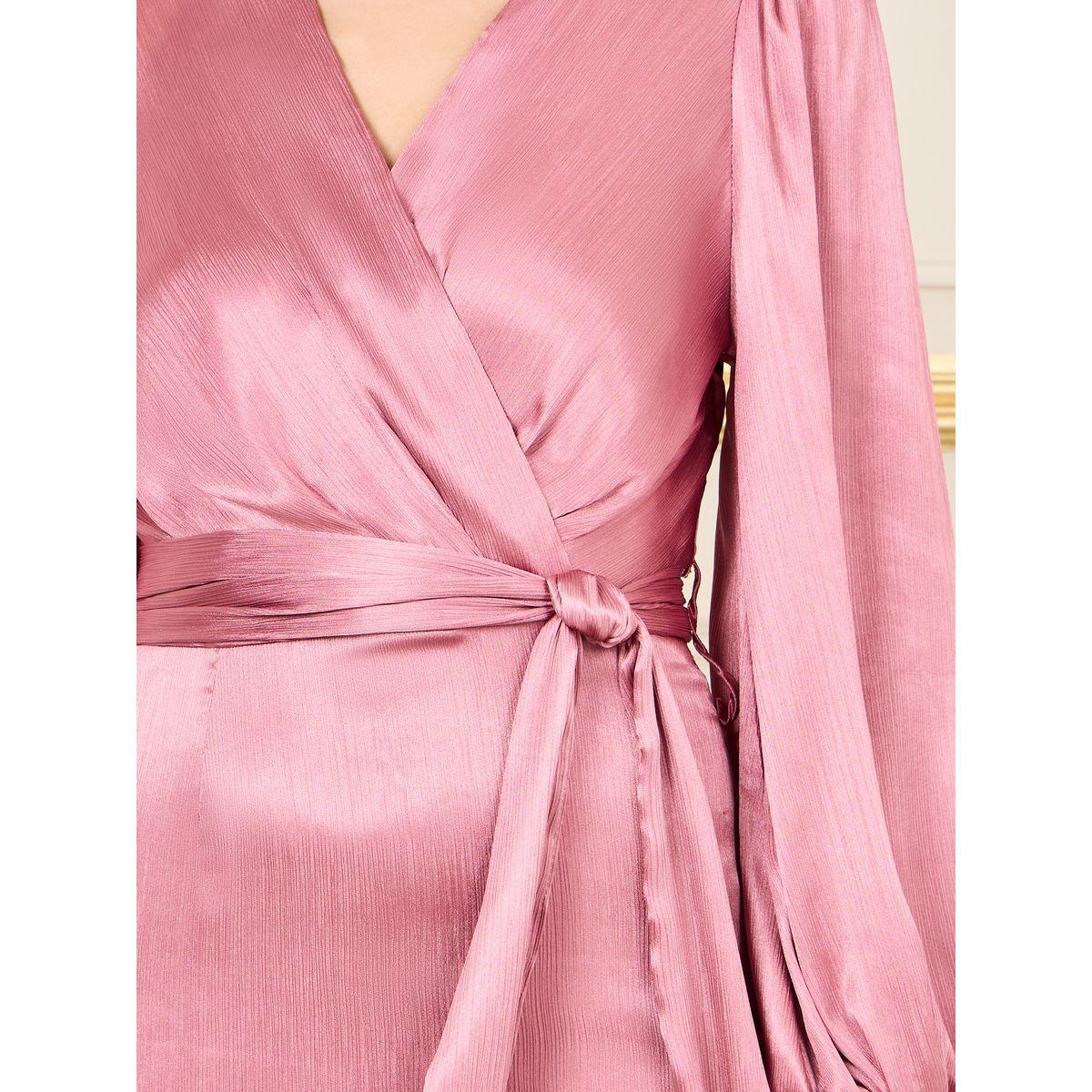 فستان ميدي ساتان بنمط لف واكمام فوليوم-women-clothing-dresses-image-3
