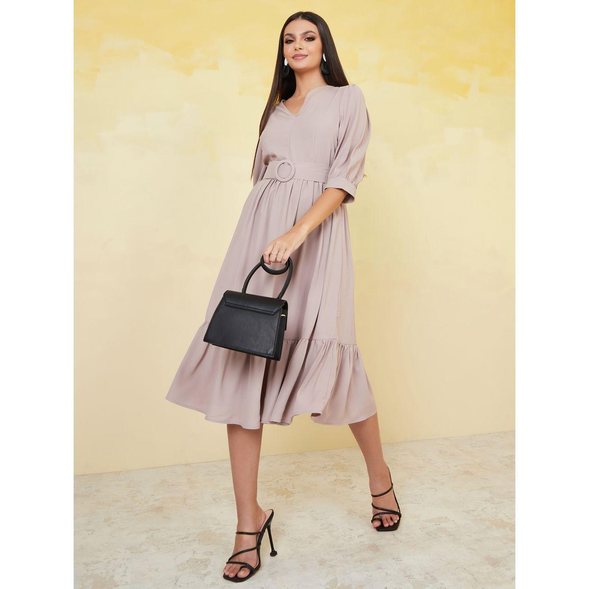 Styli V Neck Belted A-Line Midi Dress-women-clothing-dresses-image-1