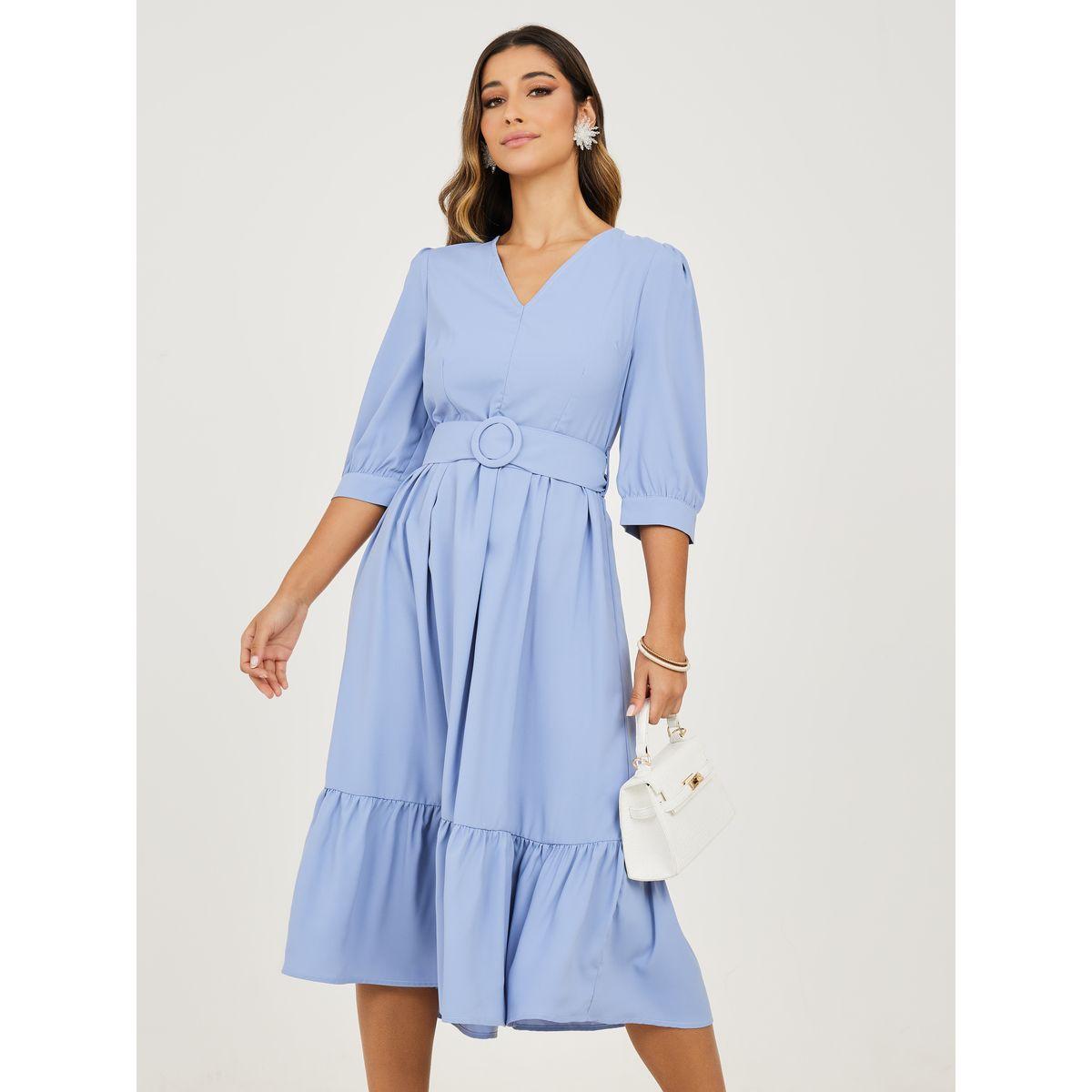 Styli V Neck Belted A-Line Midi Dress-women-clothing-dresses-image-1