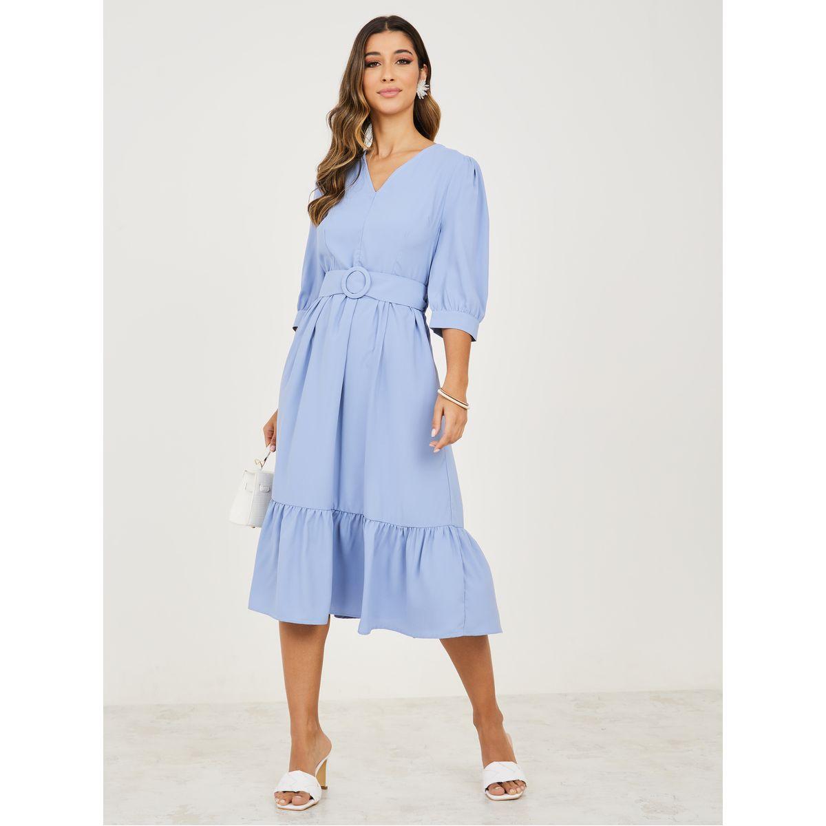 Styli V Neck Belted A-Line Midi Dress-women-clothing-dresses-image-2