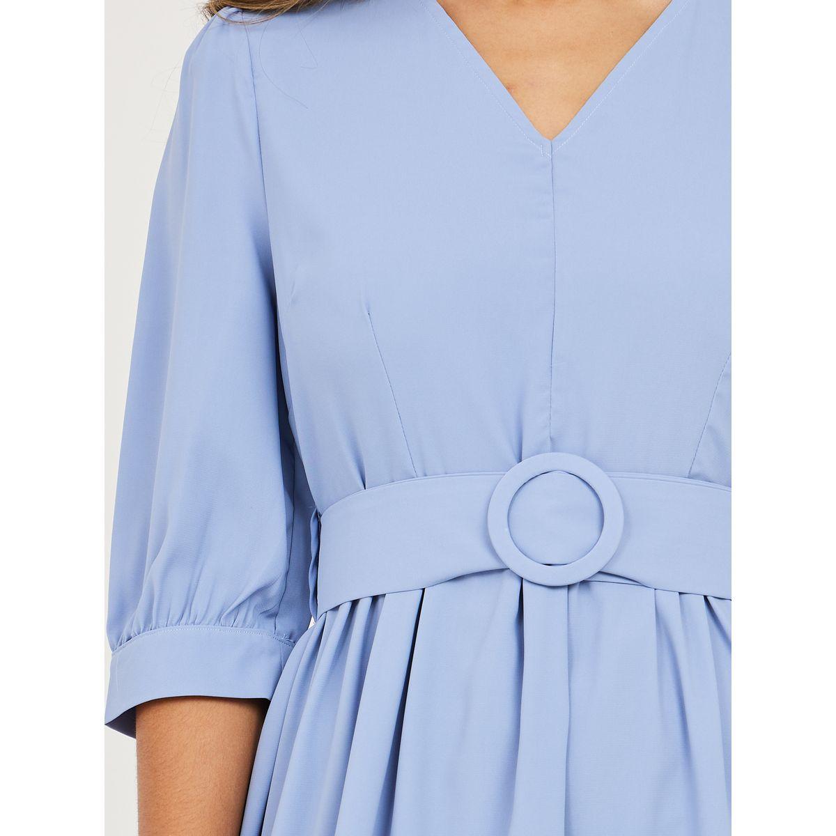 Styli V Neck Belted A-Line Midi Dress-women-clothing-dresses-image-3