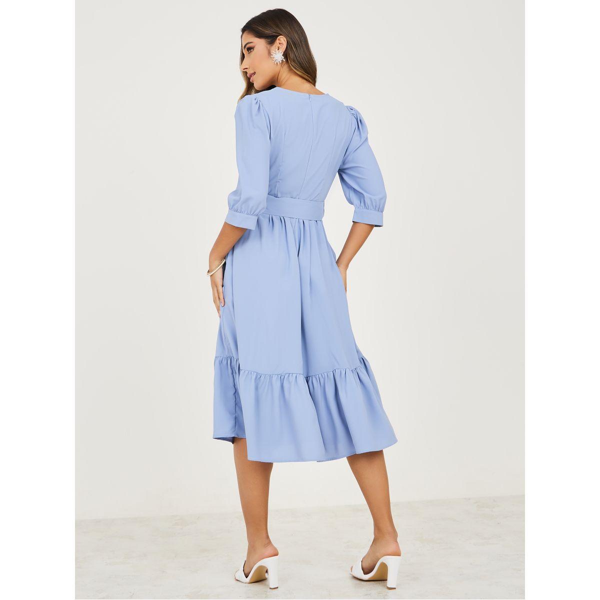 Styli V Neck Belted A-Line Midi Dress-women-clothing-dresses-image-4