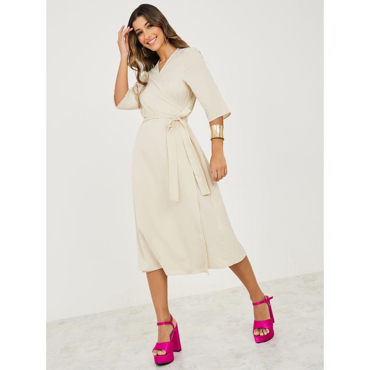 Styli 3/4 Sleeves Solid Wrap Front Midi Dress-women-clothing-dresses-image-1