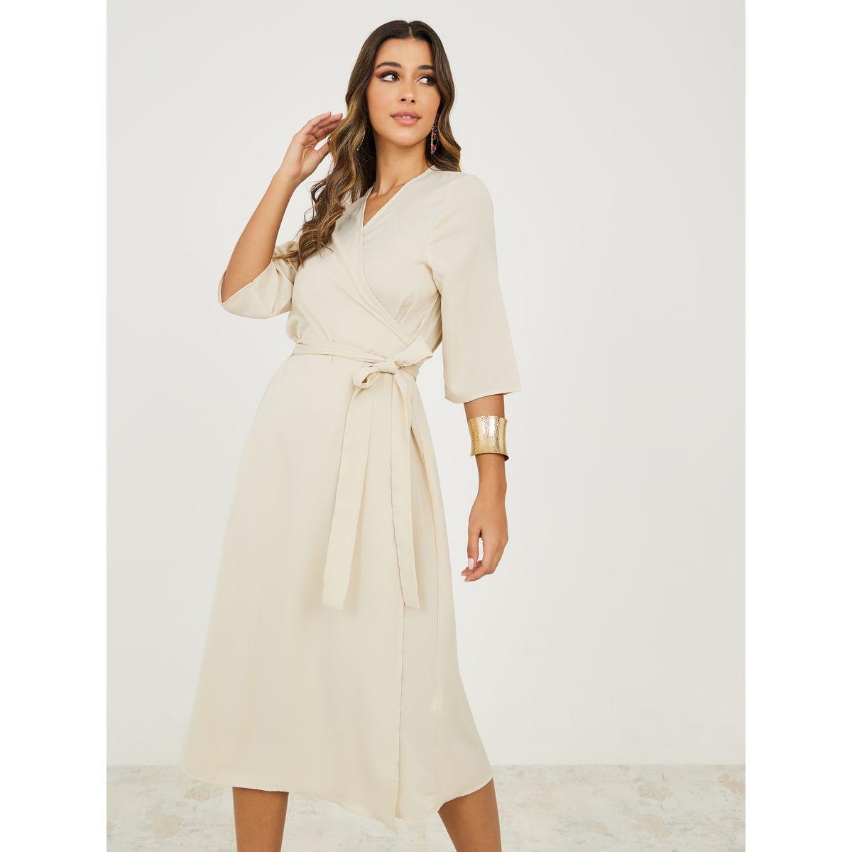 Styli 3/4 Sleeves Solid Wrap Front Midi Dress-women-clothing-dresses-image-2