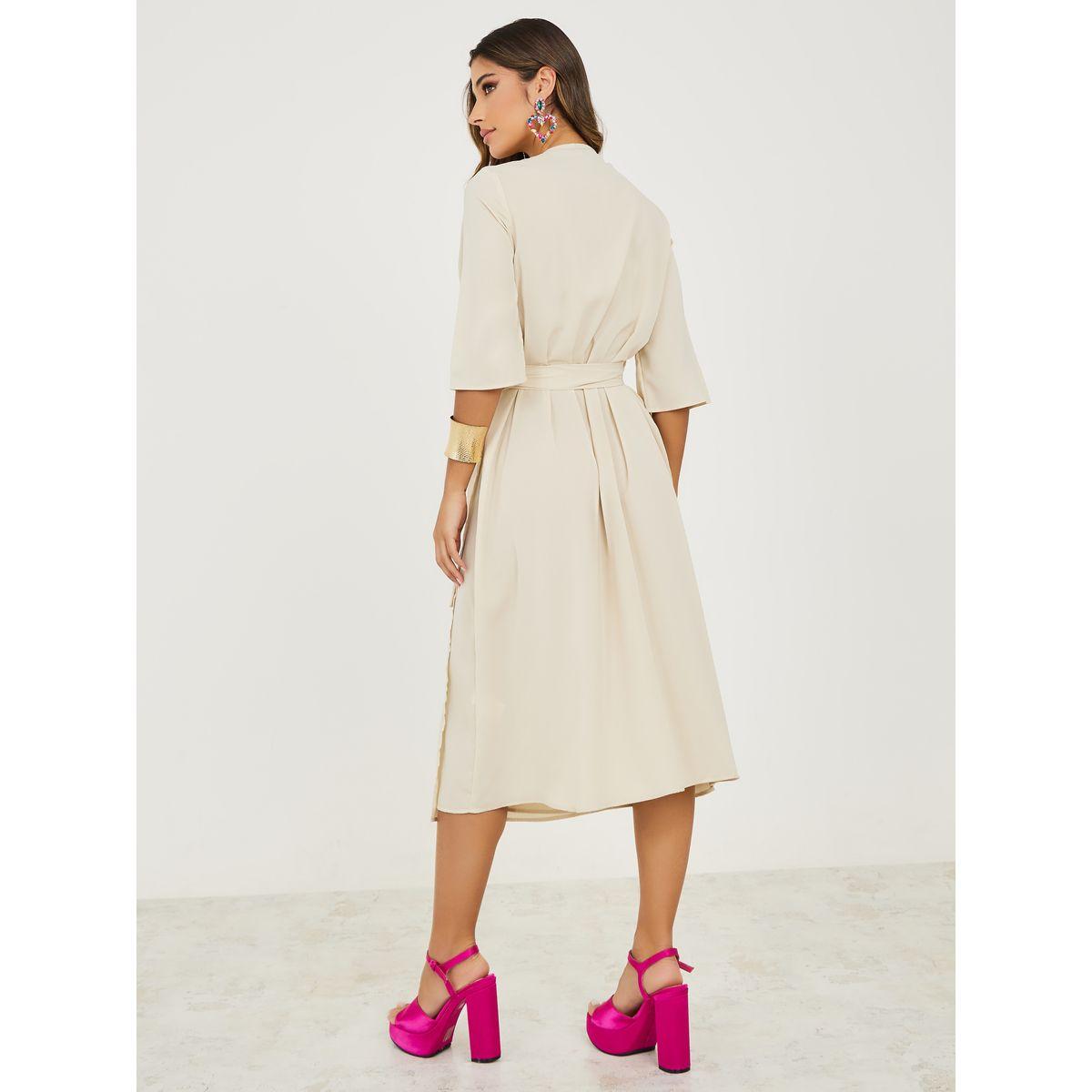Styli 3/4 Sleeves Solid Wrap Front Midi Dress-women-clothing-dresses-image-4