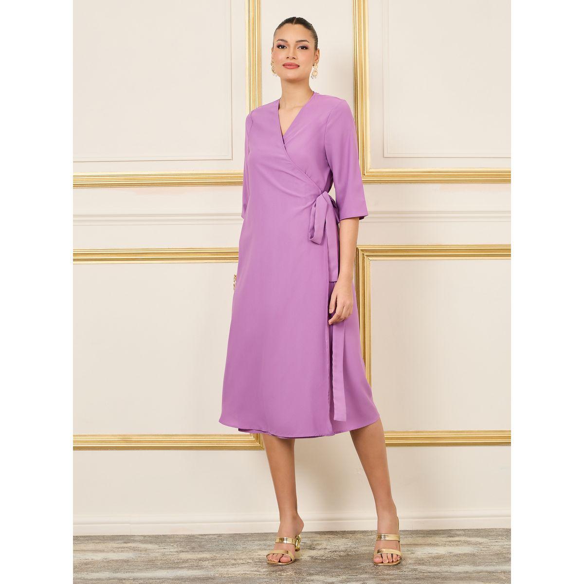 Styli 3/4 Sleeves Solid Wrap Front Midi Dress-women-clothing-dresses-image-1