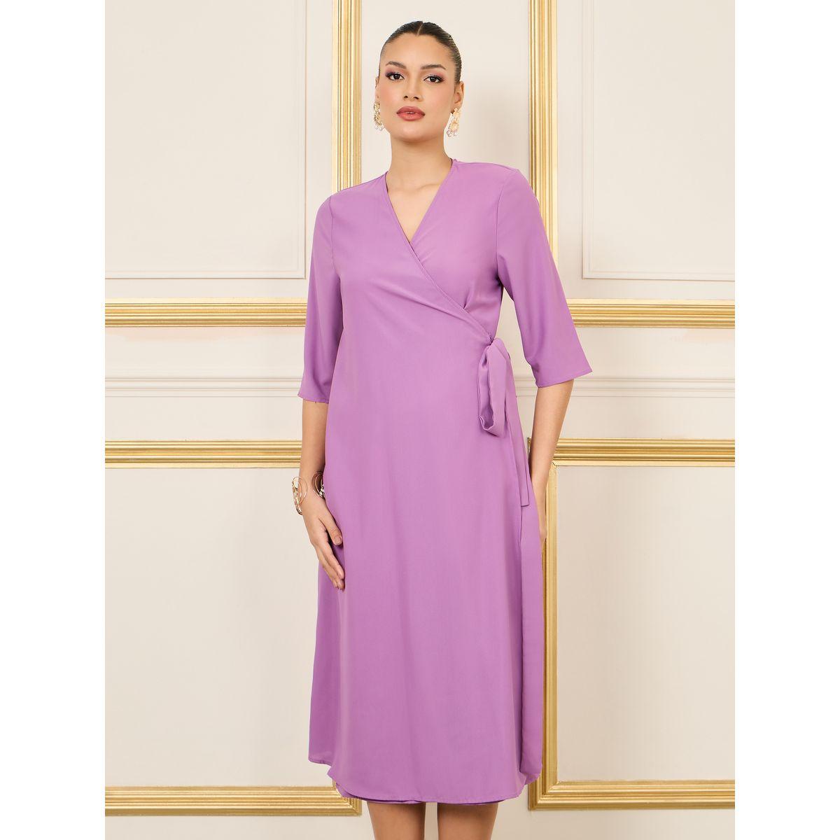 Styli 3/4 Sleeves Solid Wrap Front Midi Dress-women-clothing-dresses-image-2
