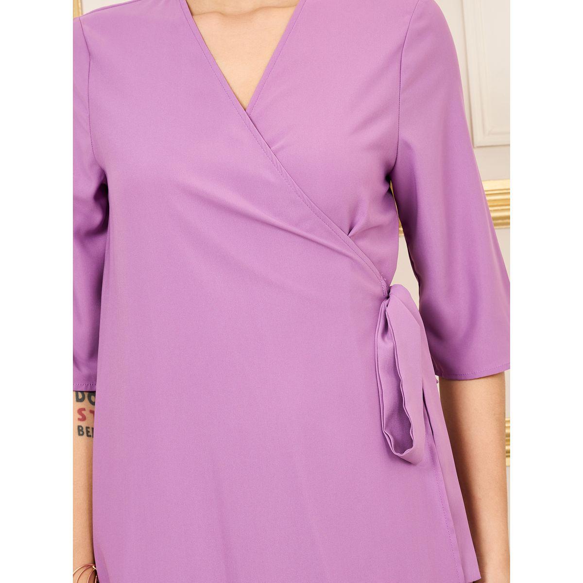 Styli 3/4 Sleeves Solid Wrap Front Midi Dress-women-clothing-dresses-image-3