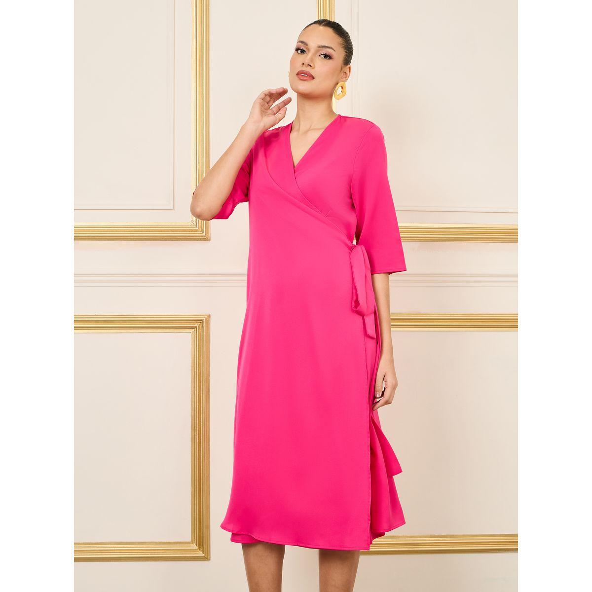 Styli 3/4 Sleeves Solid Wrap Front Midi Dress-women-clothing-dresses-image-2