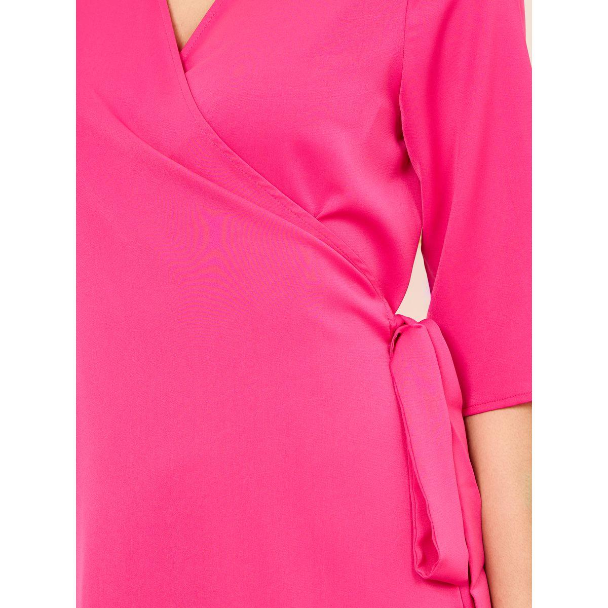 Styli 3/4 Sleeves Solid Wrap Front Midi Dress-women-clothing-dresses-image-3