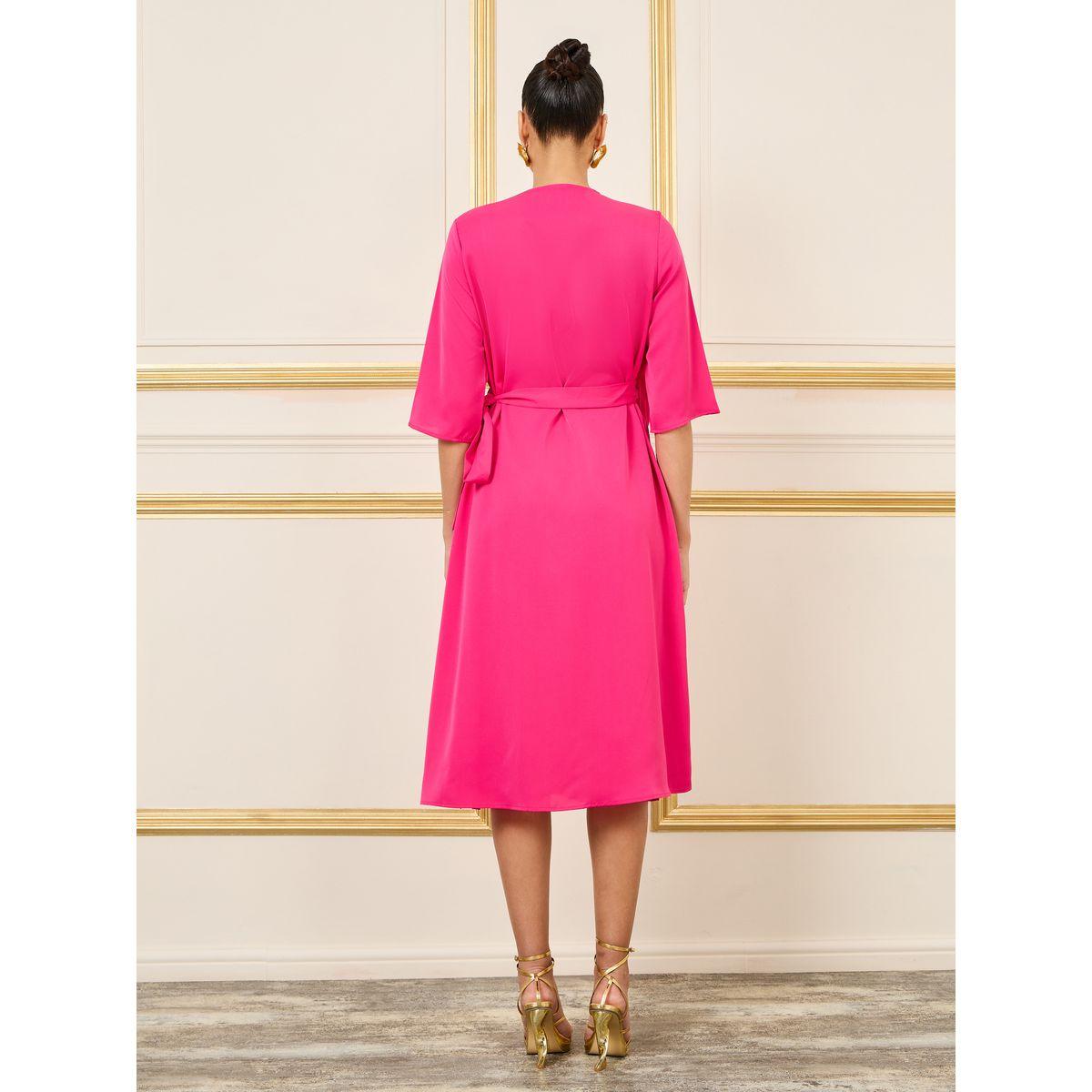Styli 3/4 Sleeves Solid Wrap Front Midi Dress-women-clothing-dresses-image-4