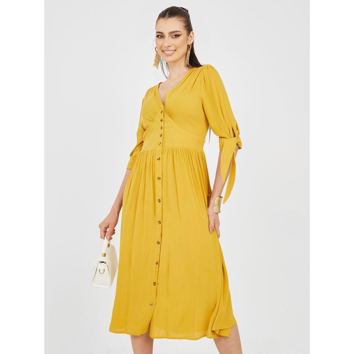 Styli Tie Cuff Sleeve Viscose A-Line Midi Dress-women-clothing-dresses-image-1