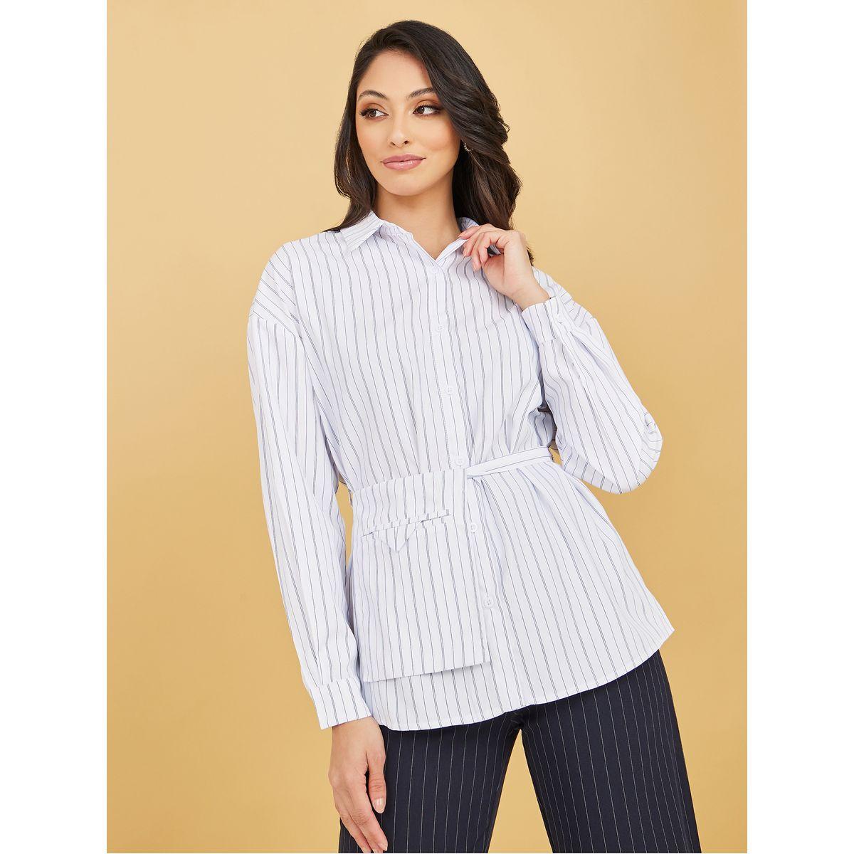 Styli Pinstriped Print Self Pocket Belt Shirt-women-clothing-shirtsandblouses-shirts-image-1