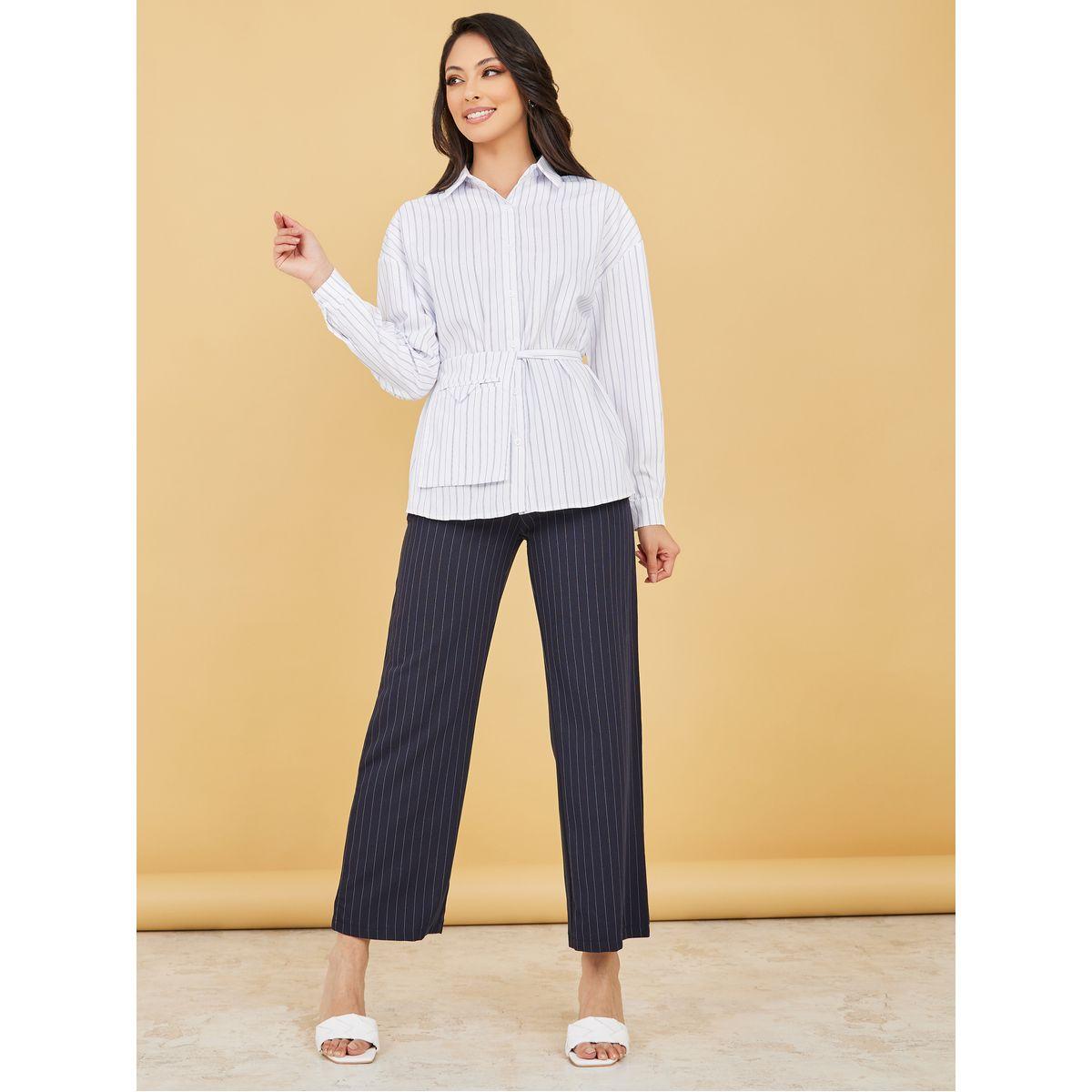 Styli Pinstriped Print Self Pocket Belt Shirt-women-clothing-shirtsandblouses-shirts-image-2