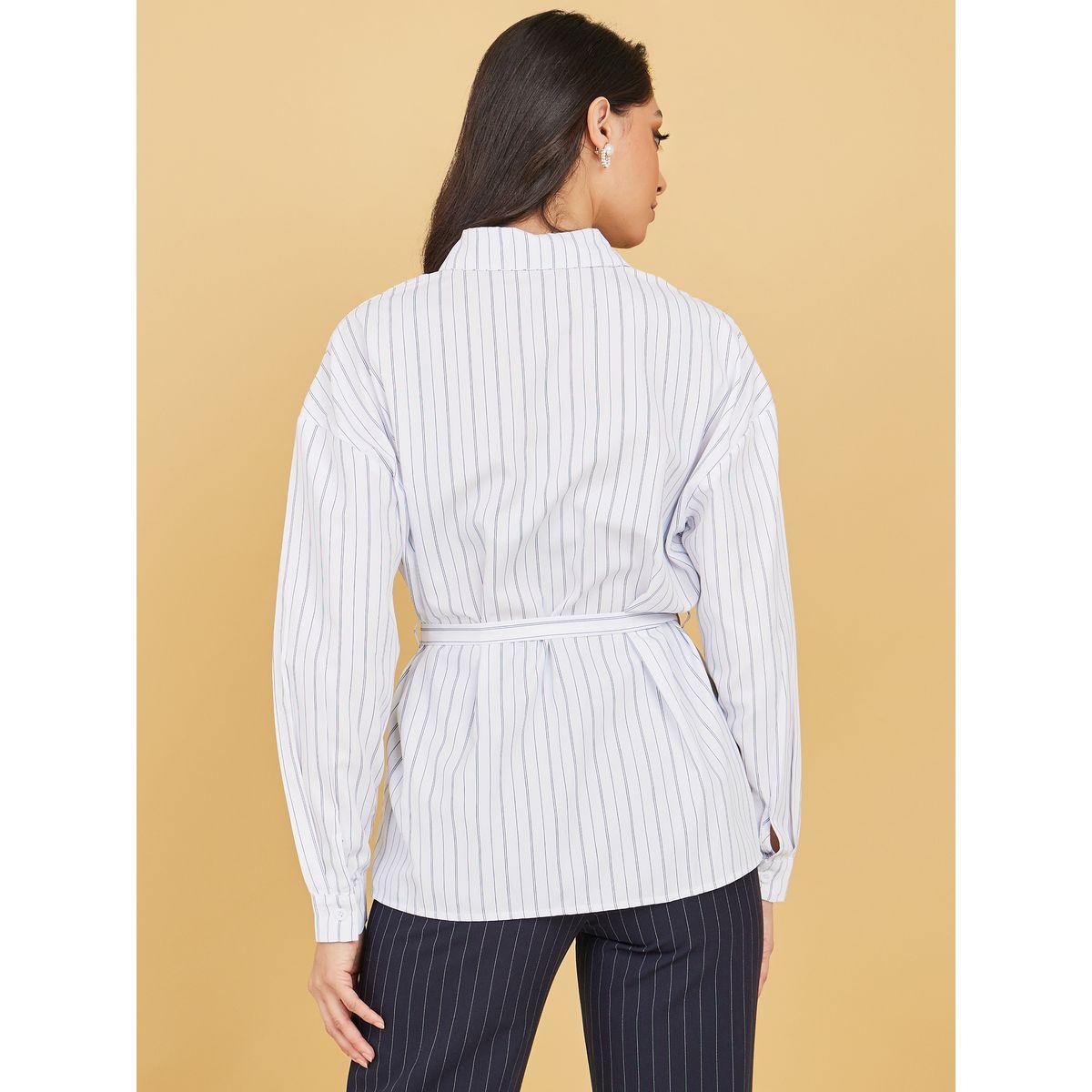 Styli Pinstriped Print Self Pocket Belt Shirt-women-clothing-shirtsandblouses-shirts-image-4
