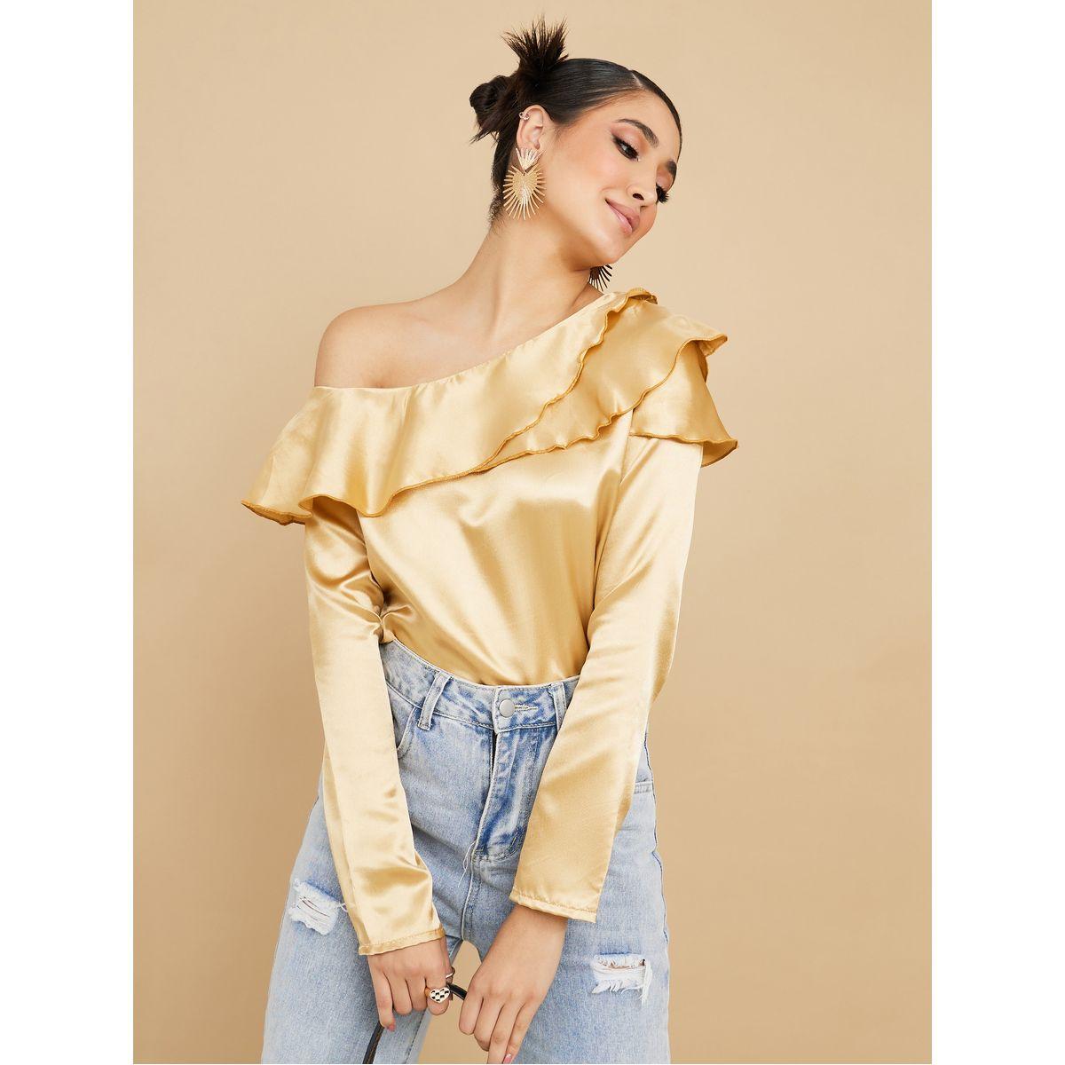 Styli Long Sleeves Off Shoulder Satin Blouse with Frill-women-clothing-shirtsandblouses-blouses-image-1